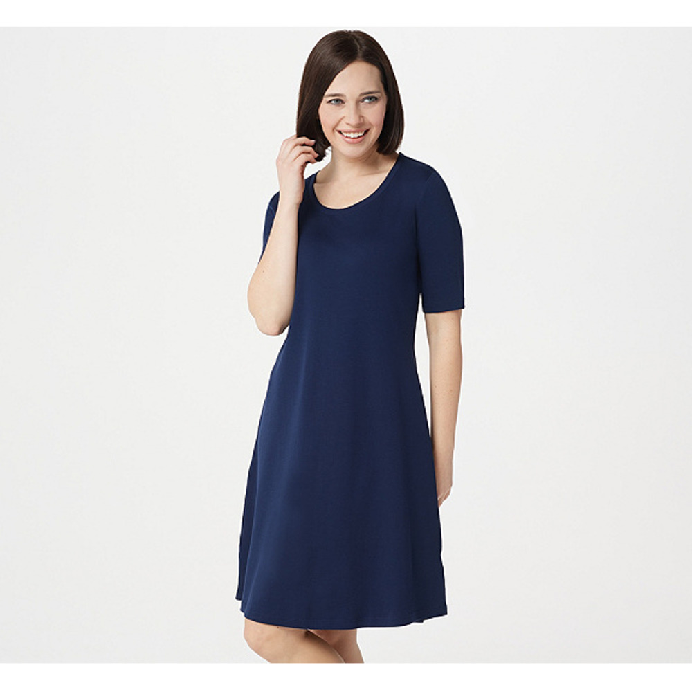 Isaac Mizrahi Live Cotton Elbow Sleeve navy blue Dress XS Petite A351508 New